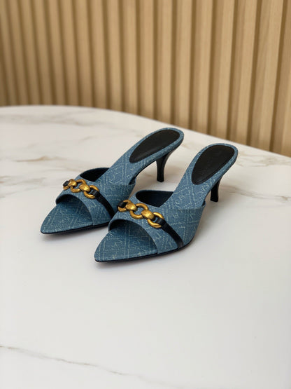 SL CHAIN ATTACH HEELED MULES CERULEAN DENIM