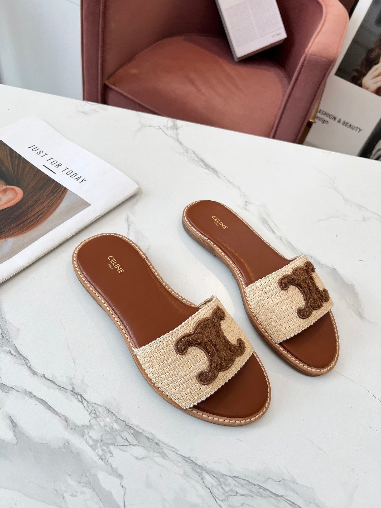 LYMPIA MULE BEIGE RAFFIA AND BROWN WOOL LOGO