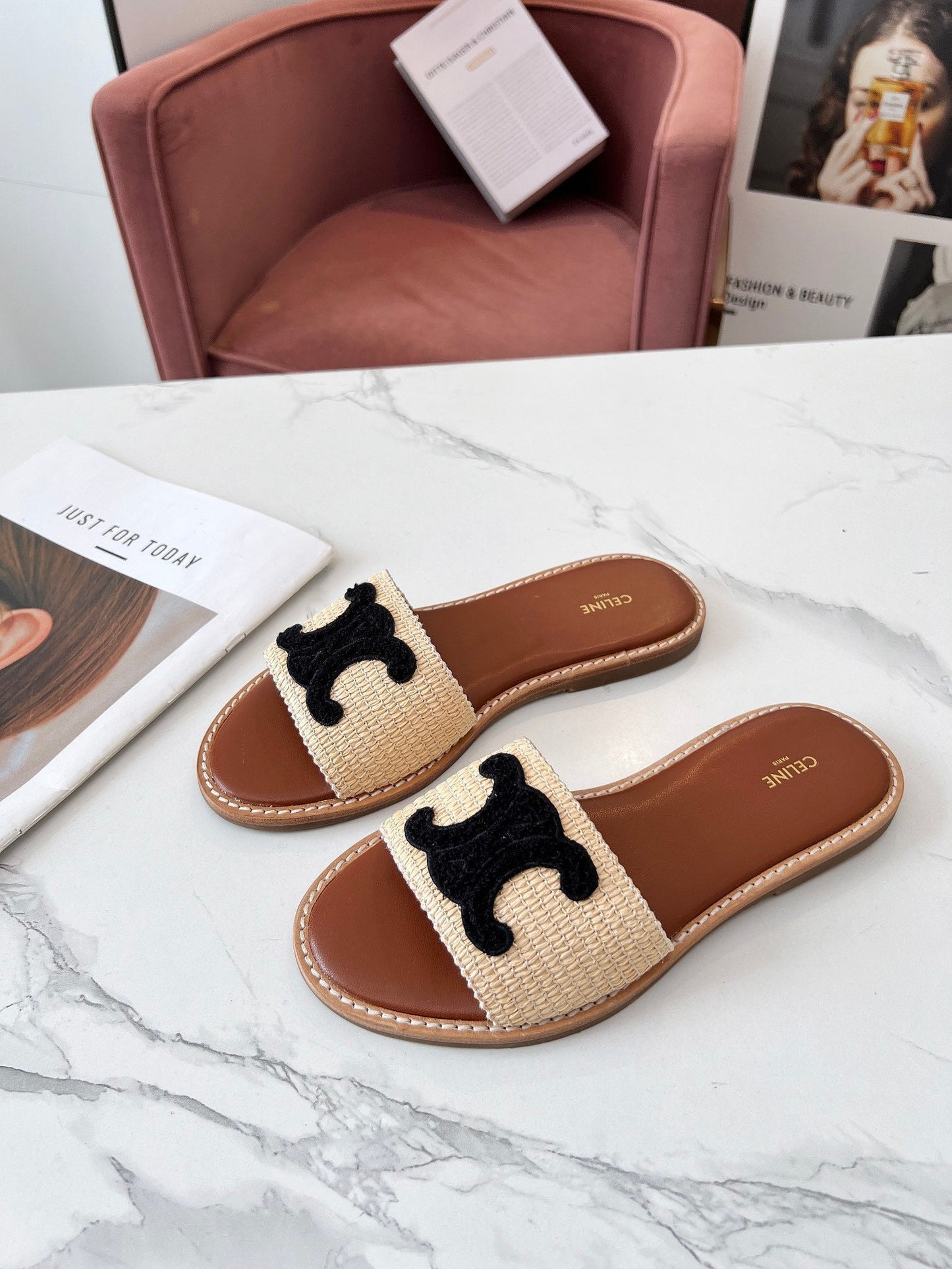 LYMPIA MULE BEIGE RAFFIA BLACK WOOL LOGO