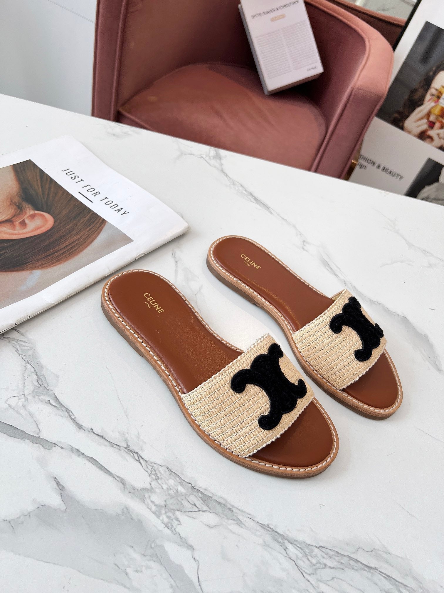 LYMPIA MULE BEIGE RAFFIA BLACK WOOL LOGO
