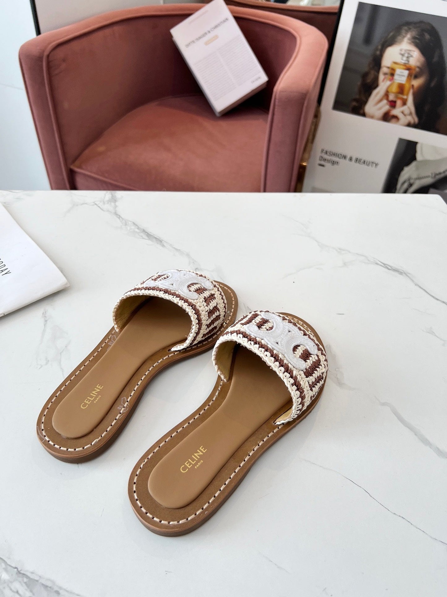 LYMPIA MULE WHITE MIX BROWN RAFFIA