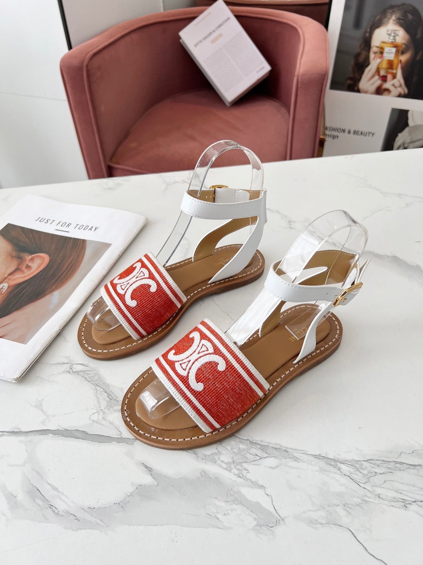 LYMPIA SANDAL IN RED MIX WHITE TRIOMPHE JACQUARD CANVAS & CALFSKIN