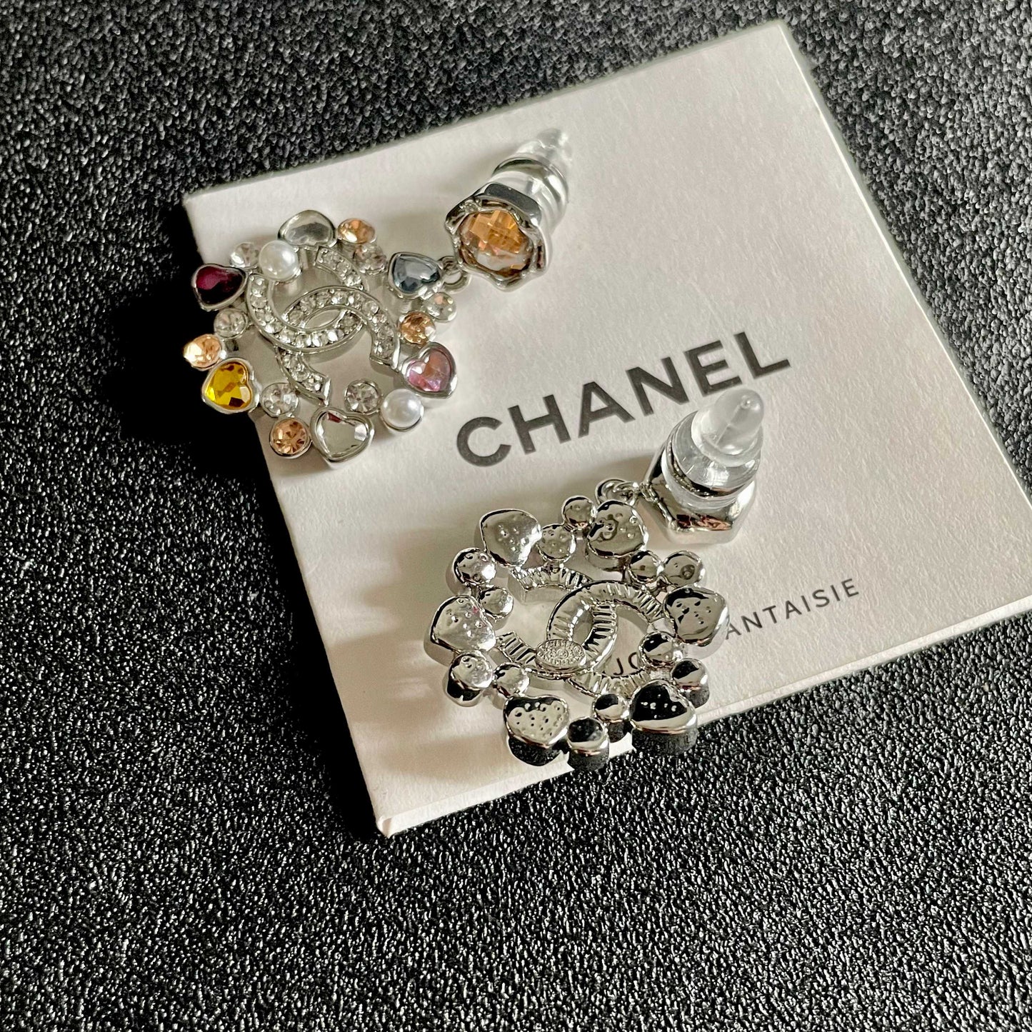 DOUBLE C STUD EARRINGS IN SILVER METAL WHITE PEARL MULTICOLOR STONES