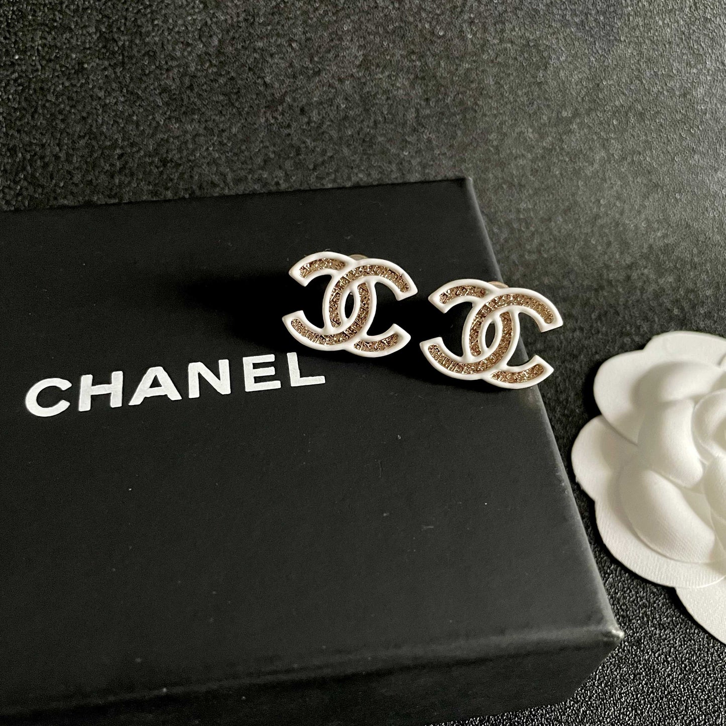 DOUBLE C STUD EARRINGS WITH WHITE TRIM AND CENTER STONE