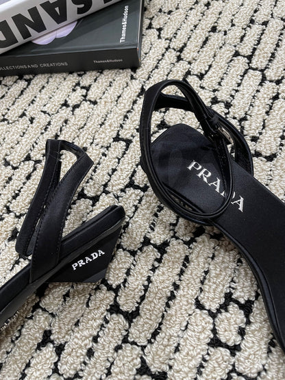 PRA TRIANGLE HEEL SATIN SANDALS BLACK