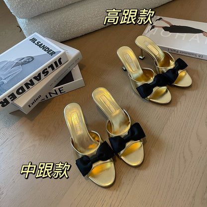 Metallic Gold High - Heels With Black Bow Calfskin
