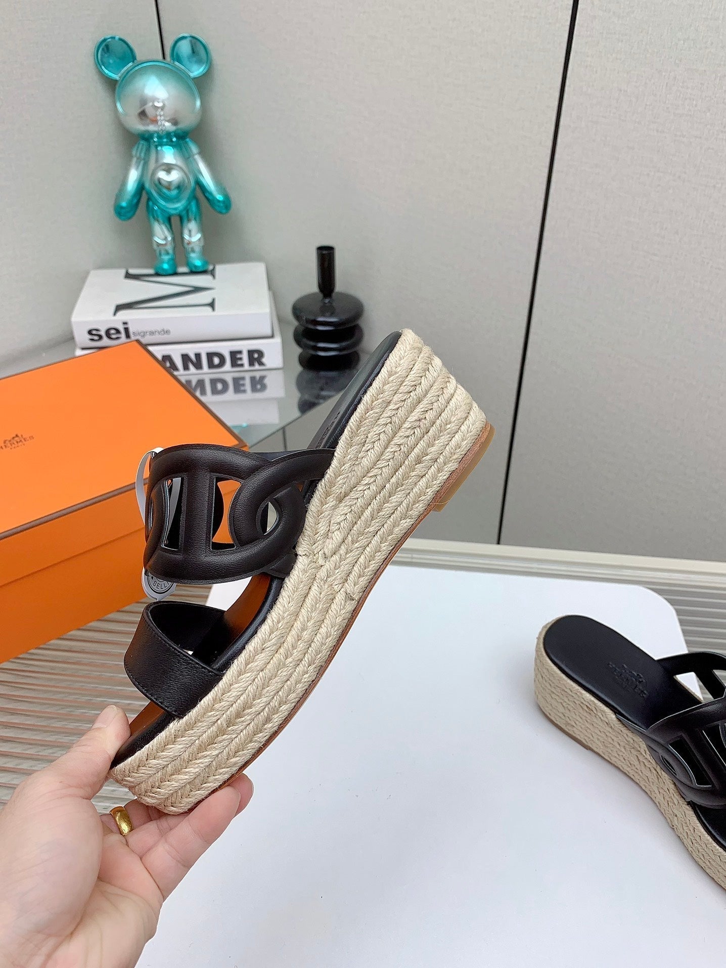 ITHEA 85 MM ESPADRILLE IN BLACK CALFSKIN