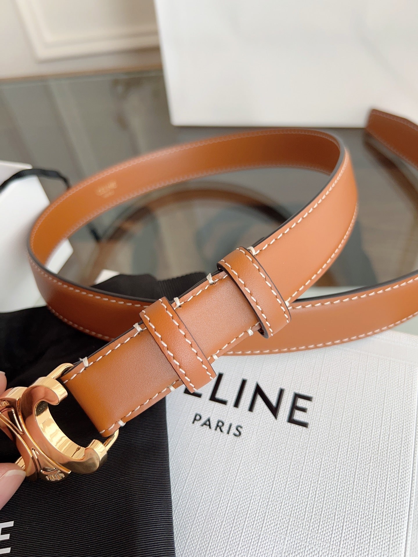 TRIOMPHE BELT 24MM IN BRONZE BROWN CALFSKIN WITH GOLD BUCKLE