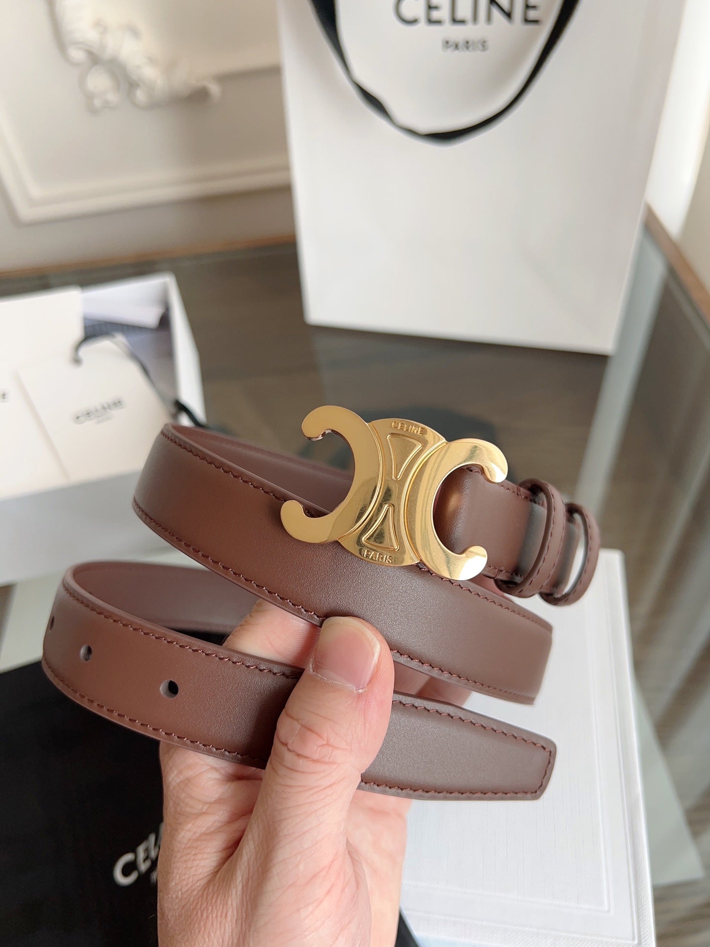 TRIOMPHE BELT 24MM IN BROWN CALFSKIN WITH GOLD BUCKLE