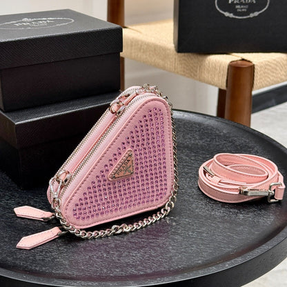 STUDDED CRYSTAL TRIANGLE 15 SHOULDER BAG IN PINK CALFSKIN