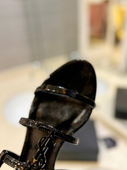 SL LOGO FLAT SANDALS BLACK POLISHED CALFSKIN