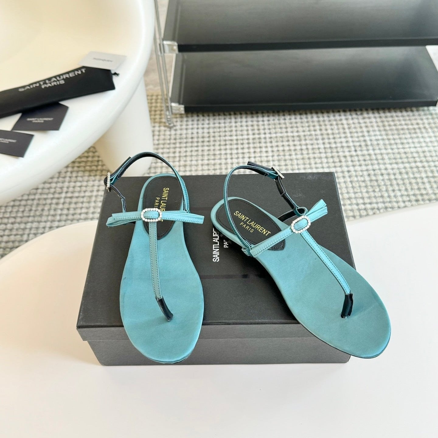 SL CRYSTAL T-STRAP FLAT SANDAL SAPPHIRE SATIN