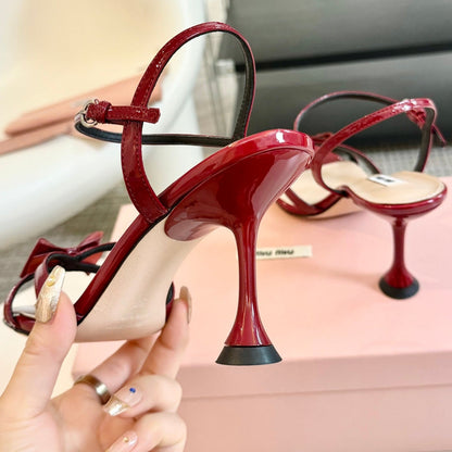 High Heels With Bows Crimson Color Glossy Leather