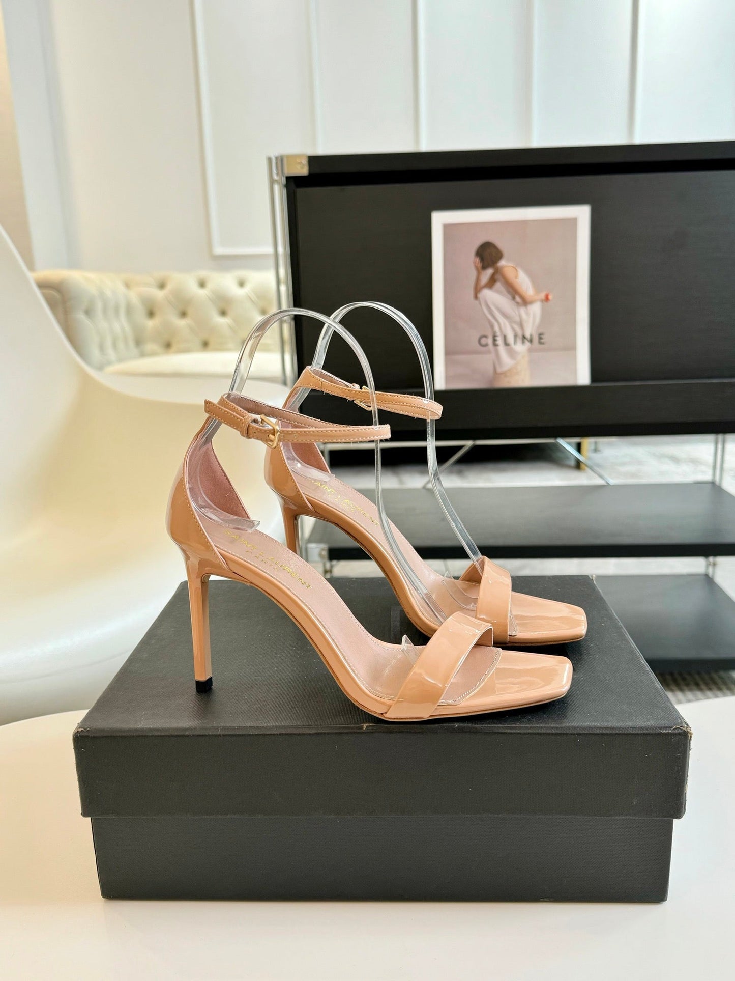 SL SQUARE-TOED HIGH HEELS BISQUE CALFSKIN