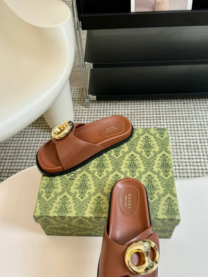 WOMEN'S SLIPPER IN BRONZE BROWN CALFSKIN WITH GOLD HARDWARE