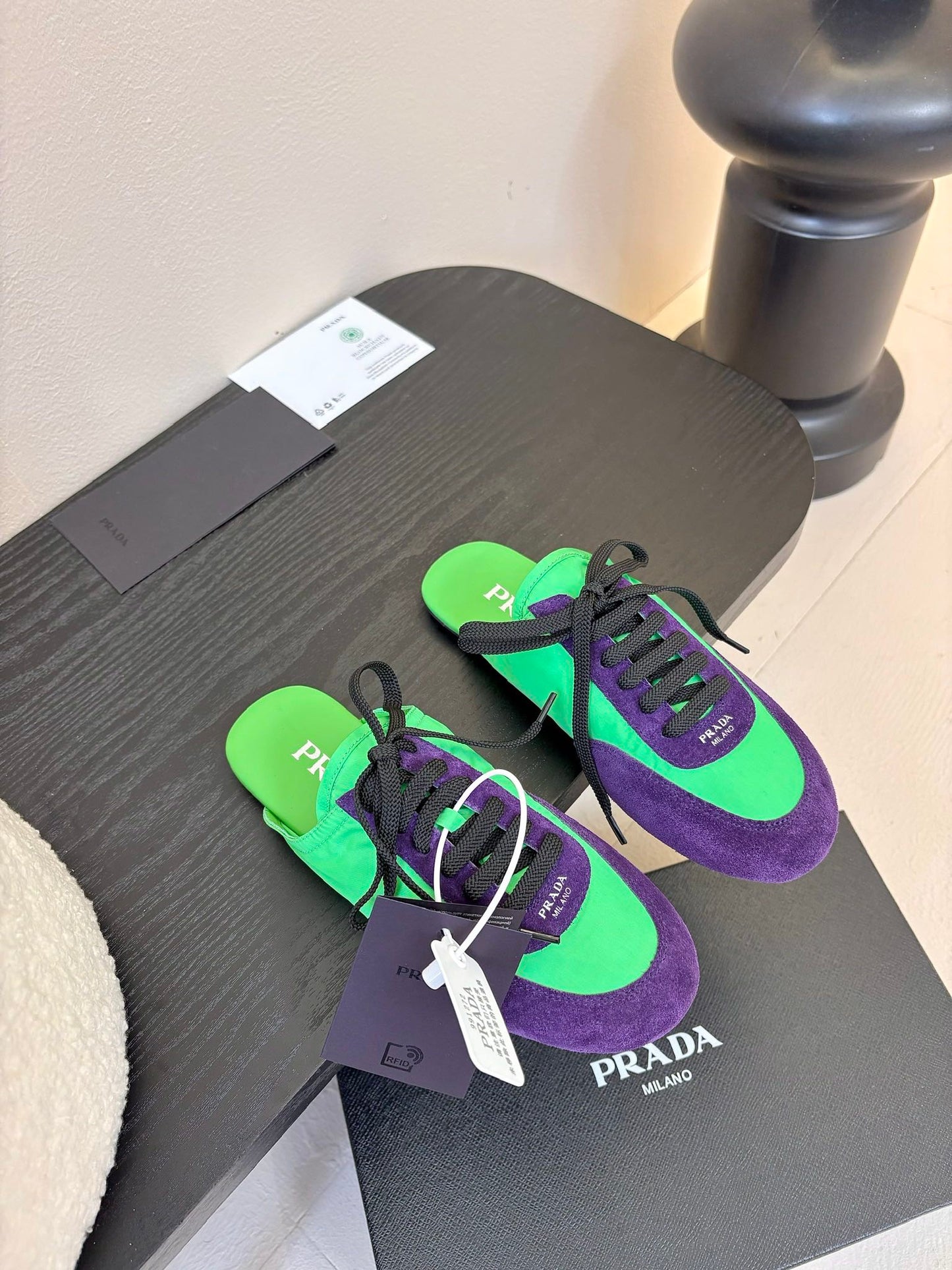 SNEAKER MULES IN GREEN NYLON AND PURPLE SUEDE