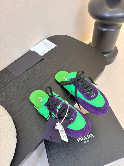 SNEAKER MULES IN GREEN NYLON AND PURPLE SUEDE