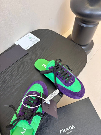 SNEAKER MULES IN GREEN NYLON AND PURPLE SUEDE