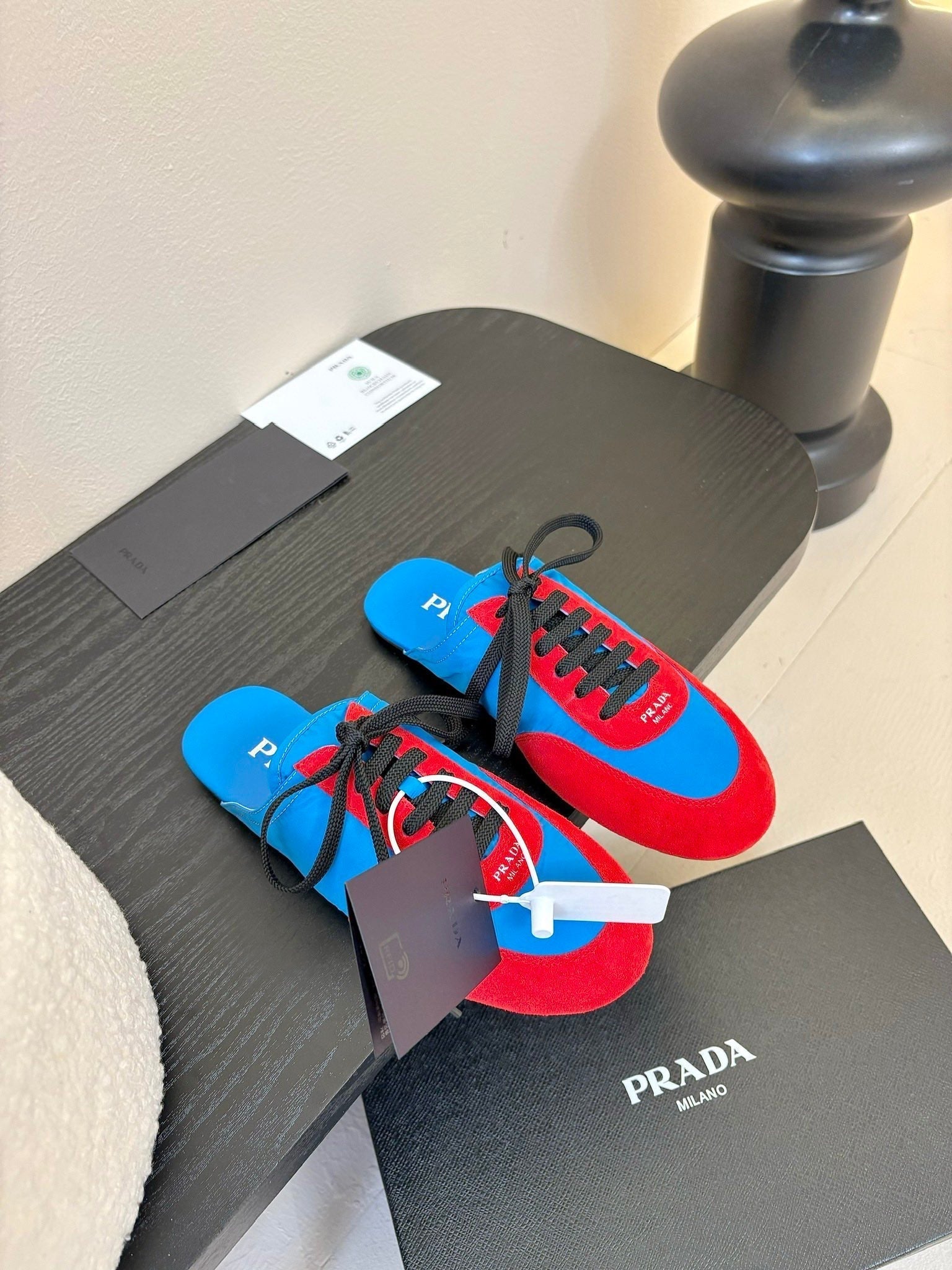SNEAKER MULES IN BLUE NYLON AND RED SUEDE