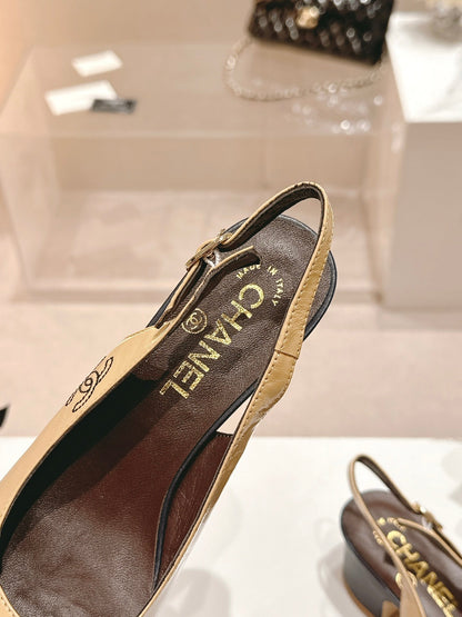 SLINGBACKS PEANUT BROWN MIX BLACK SHEEPSKIN