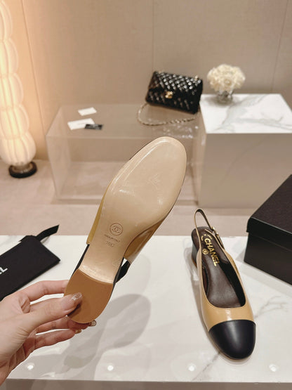 SLINGBACKS PEANUT BROWN MIX BLACK SHEEPSKIN