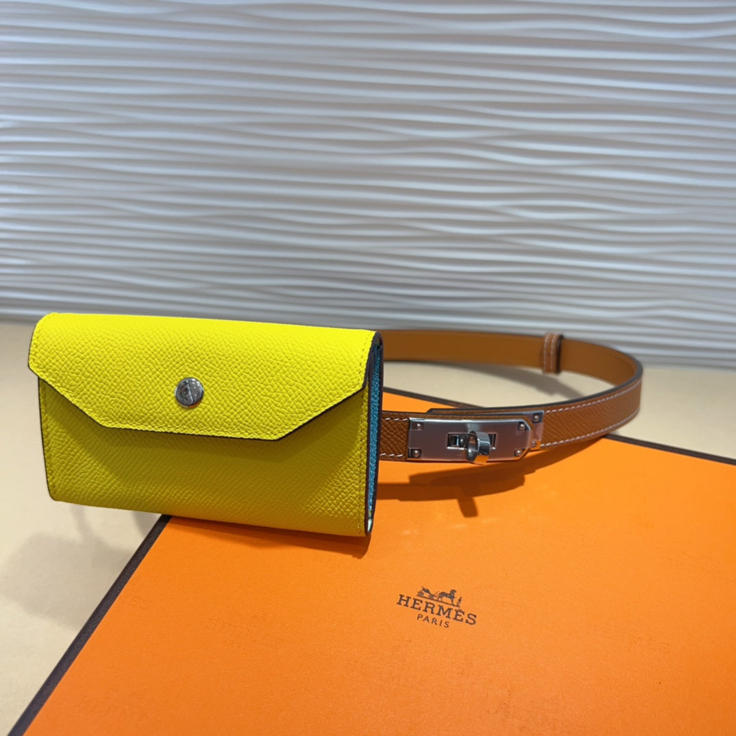 HM KELLY LEMON YELLOW POCKET 18MM BELT CINNAMON BROWN LEATHER SILVER HARDWARE