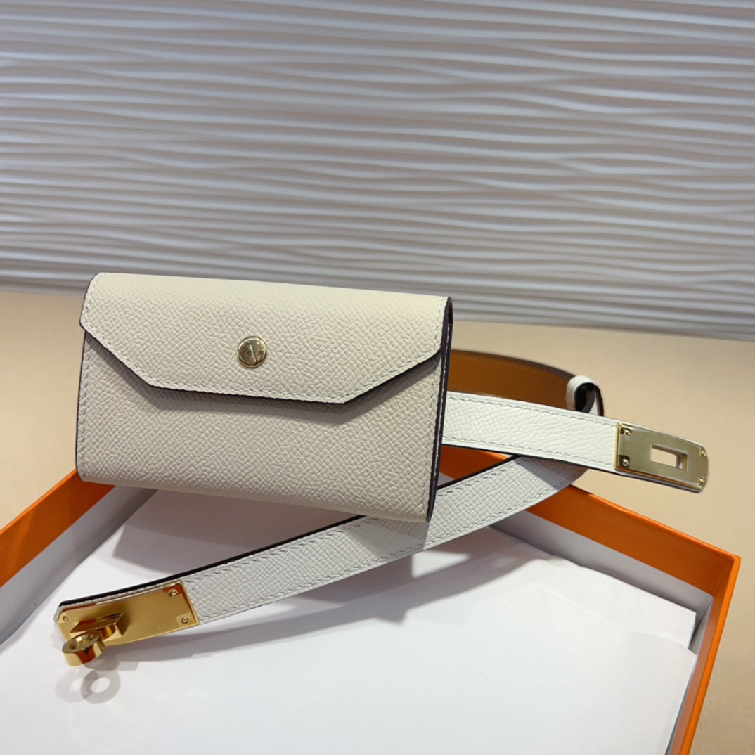 HM KELLY POCKET 18MM BELT WHITE LEATHER GOLD HARDWARE