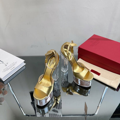 HIGH SANDAL 14CM IN GOLD CALFSKIN AND TRANSPARENT PVC