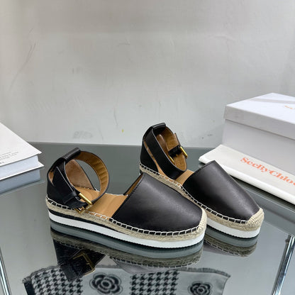 SEE BY ESPADRILLES SANDAL IN BLACK CALFSKIN AND WOVEN RAFFIA