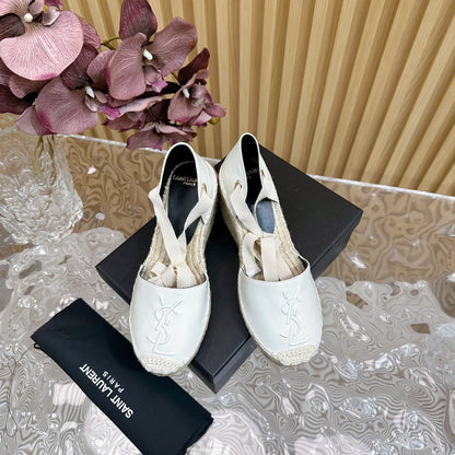 SL WEDGE SANDALS WHITE CALFSKIN AND STRAW