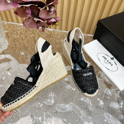 PRA ESPADRILLE WEDGE SANDALS BLACK RAFFIA