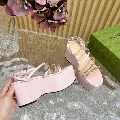 GG PLATFORM SANDAL PASTEL PINK CALFSKIN WITH CHAINS