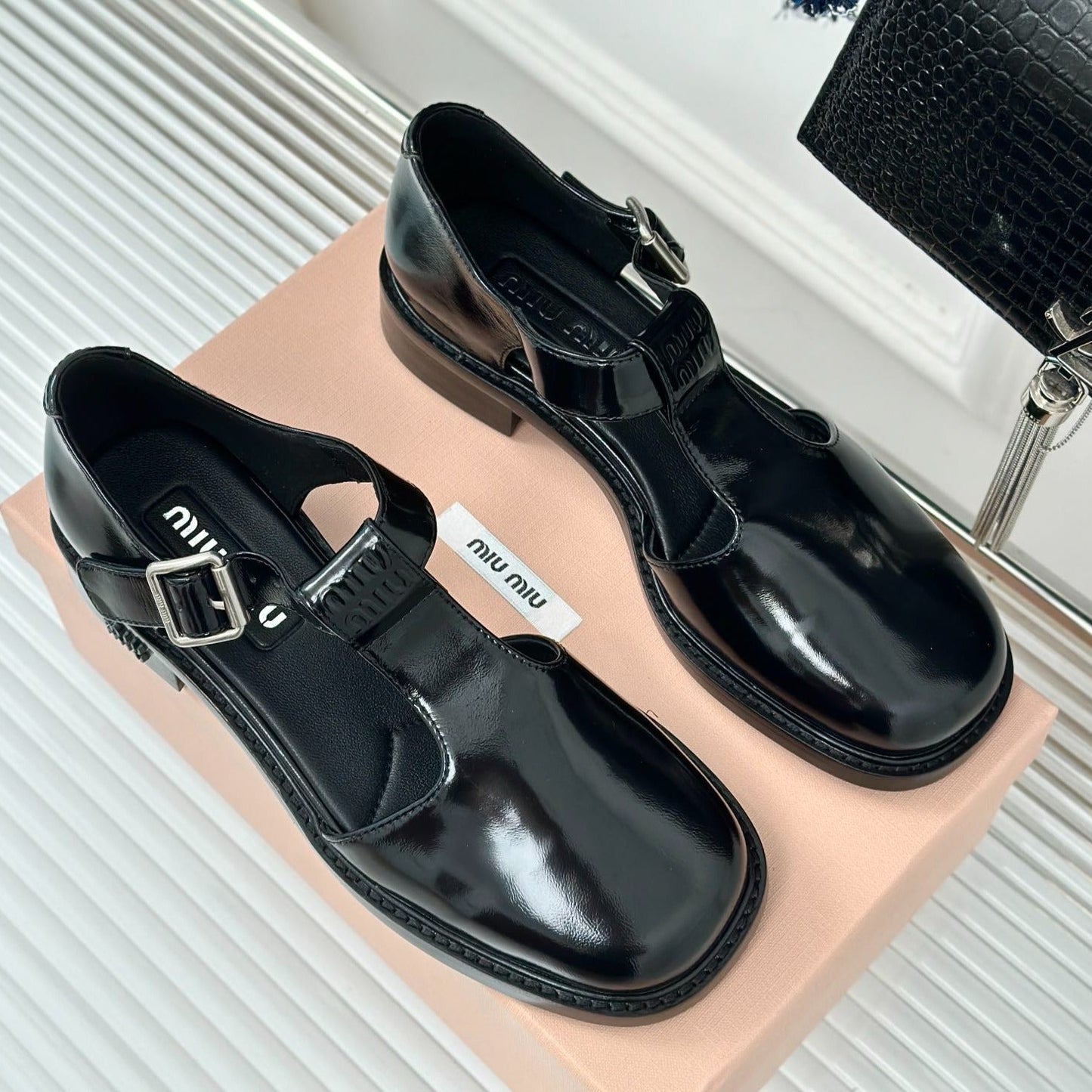 Square Toe Thick Heel Retro Mary Jane Shoes Black Calfskin