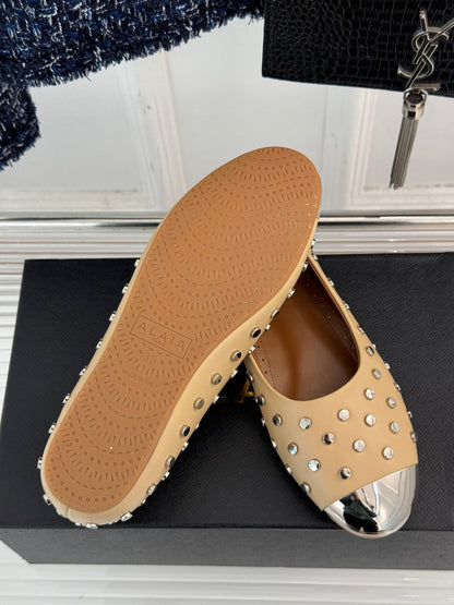 STUD-EMBELLISHED BALLET FLATS IN SEPIA TAN CALFSKIN