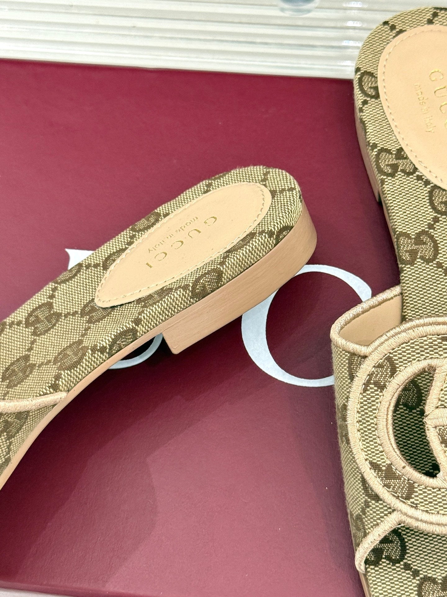 SLIDE SANDALS IN DARK BEIGE FABRIC EMBOSSED LOGO STYLE 3
