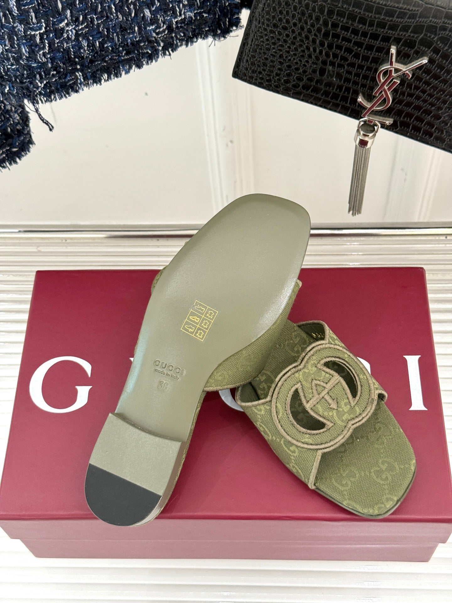 SLIDE SANDALS IN MOSS GREEN FABRIC EMBOSSED LOGO STYLE 2