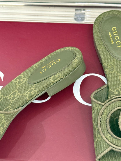 SLIDE SANDALS IN MOSS GREEN FABRIC EMBOSSED LOGO STYLE 2