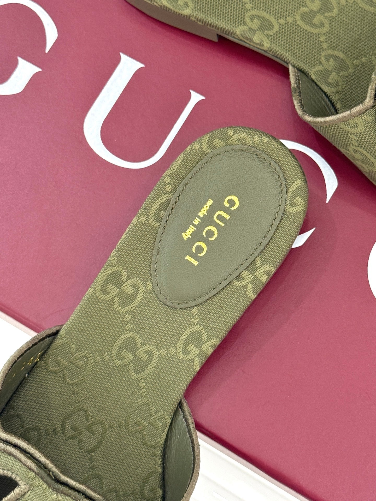 SLIDE SANDALS IN MOSS GREEN FABRIC EMBOSSED LOGO STYLE 2