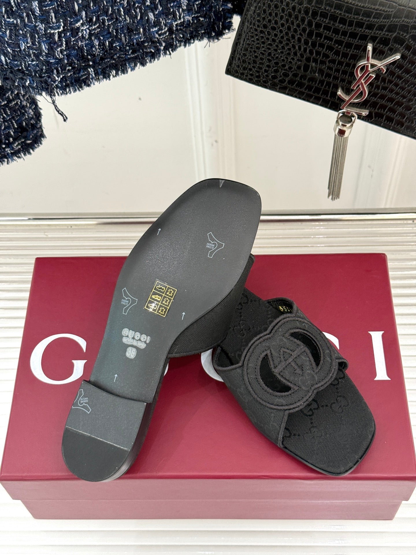 SLIDE SANDALS IN BLACK FABRIC EMBOSSED LOGO STYLE 1