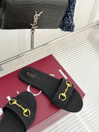 SLIDE SANDALS IN BLACK FABRIC EMBOSSED LOGO