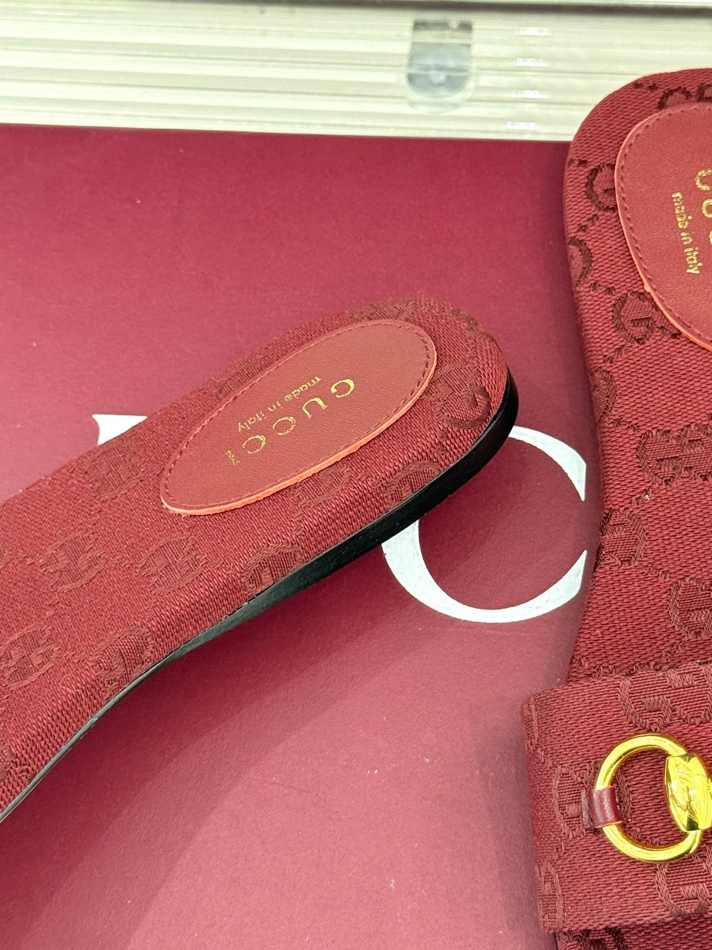 SLIDE SANDALS IN RED FABRIC EMBOSSED LOGO