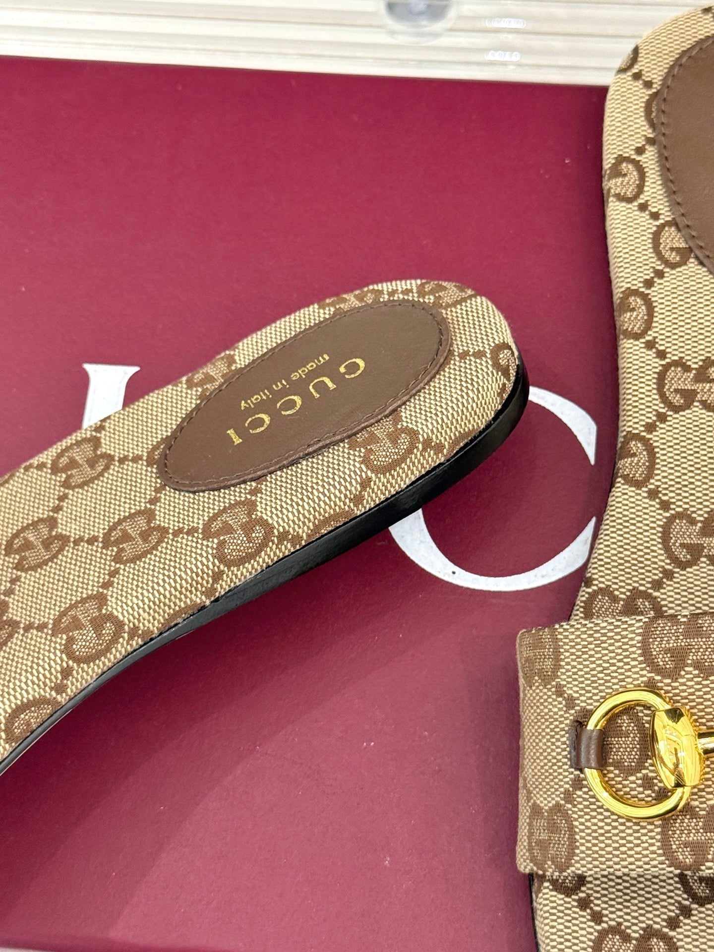 SLIDE SANDALS IN DARK BEIGE FABRIC EMBOSSED LOGO