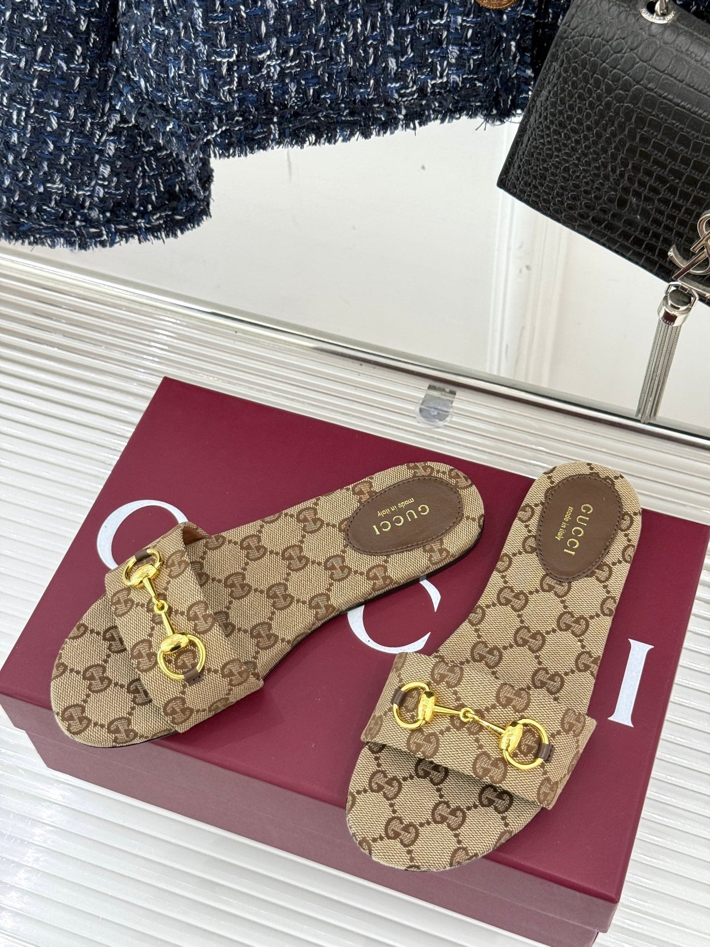 SLIDE SANDALS IN DARK BEIGE FABRIC EMBOSSED LOGO