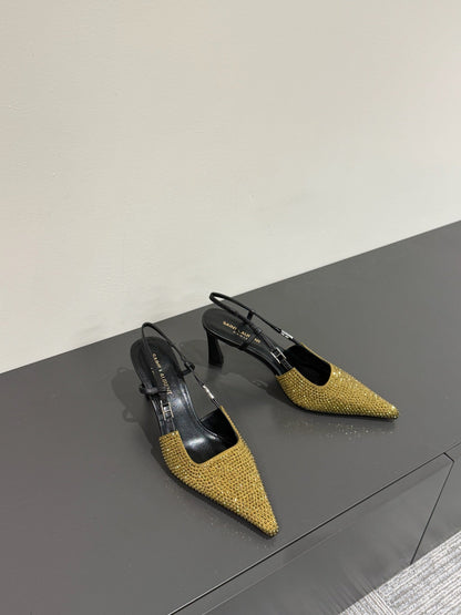 HIGH SLINGBACKS POINTED-TOE IN METALLIC GOLD LAMBSKIN WITH CRYSTALS