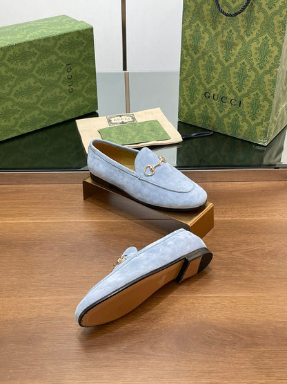 HORSEBIT LOAFER IN LIGHT BLUE SUEDE WITH GOLD HARDWARE