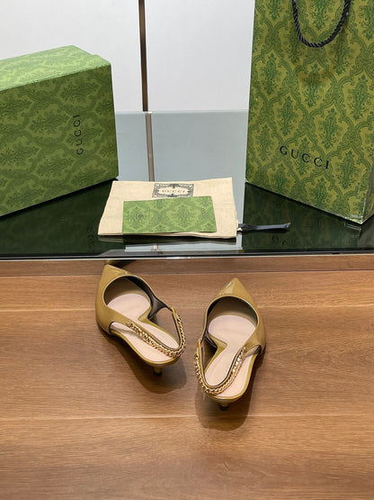 GG HIGH SLINGBACK 4.5 CM IN DIJON YELLOW GLOSSY CALFSKIN WITH GOLD HARDWARE