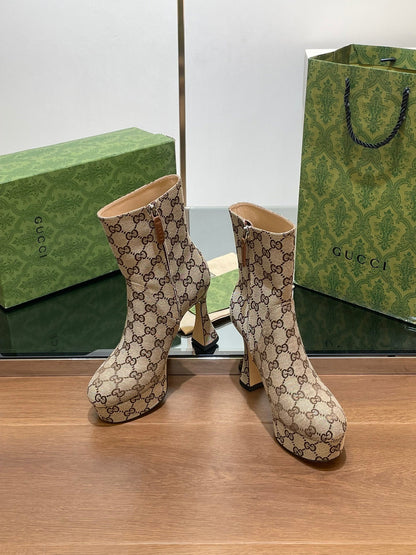 GG HIGH SANDAL 11.5 CM IN CAMEL BROWN MONOGRAM JACQUARD FABRIC