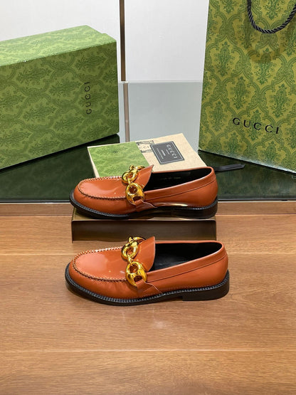 GG LOAFER SHOES IN BRONZE BROWN CALFSKIN WITH GOLD HARDWARE