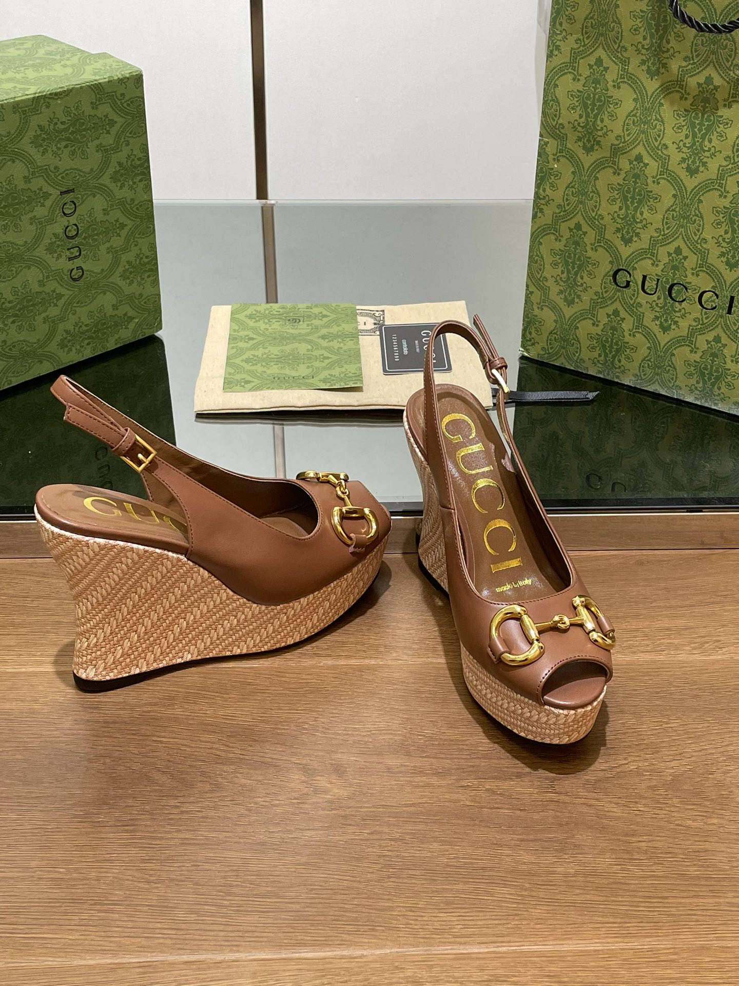 GG WEDGE PLATFORM IN CHOCOLATE BROWN CALFSKIN WITH GOLD HARDWARE
