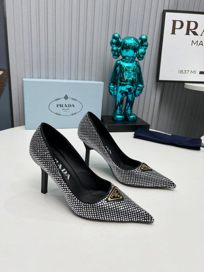 TRIANGLE LOGO HIGH-HEEL PUMPS IN BLACK SATIN WITH WHITE CRYSTALS